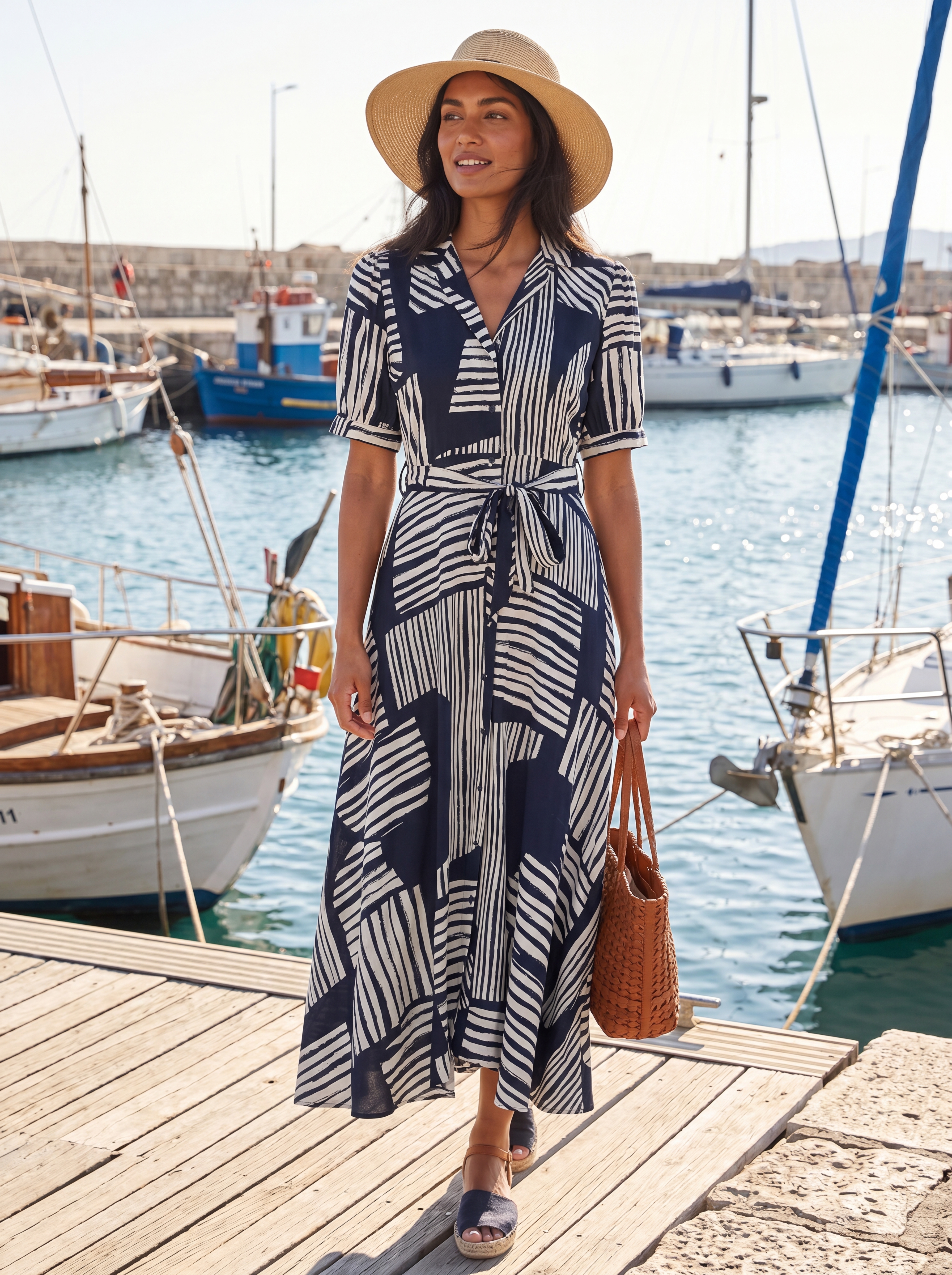 Dámske maxi košeľové šaty s geometrickým vzorom ZABAIONE AZURA NAVY BLUE s.WEAR